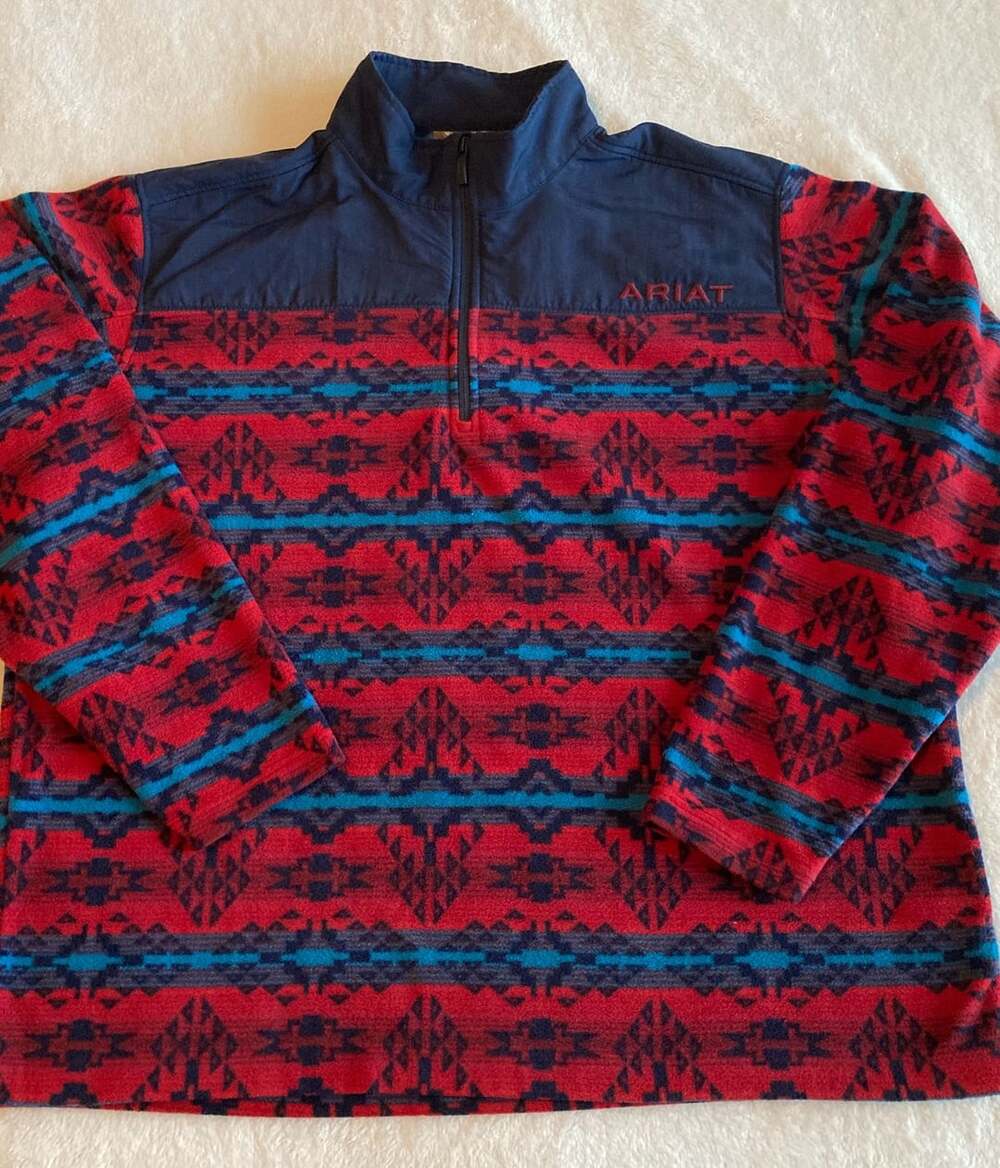 Ariat 1/4 Zip Fleece Pullover Size XL Red Southwestern Print